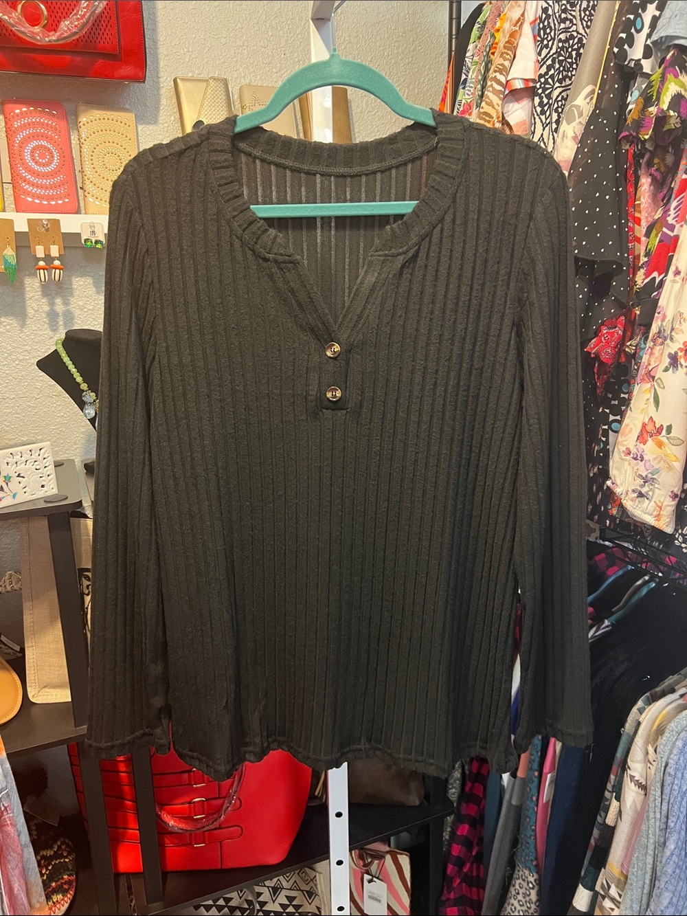 Black Ribbed Long Sleeve Light Weight Sweater
